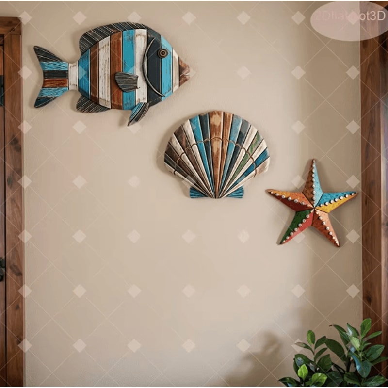Colorful Wooden Ocean Wall Decor Set Sea Fish Shell Starfish Farmhouse Art 3