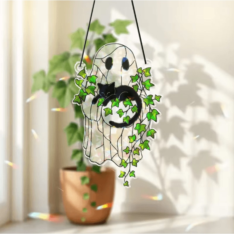 Cute Halloween Ghost Hanging Decor Window Ornament Acrylic Suncatcher With Black Cat Green Leaf Wa 0