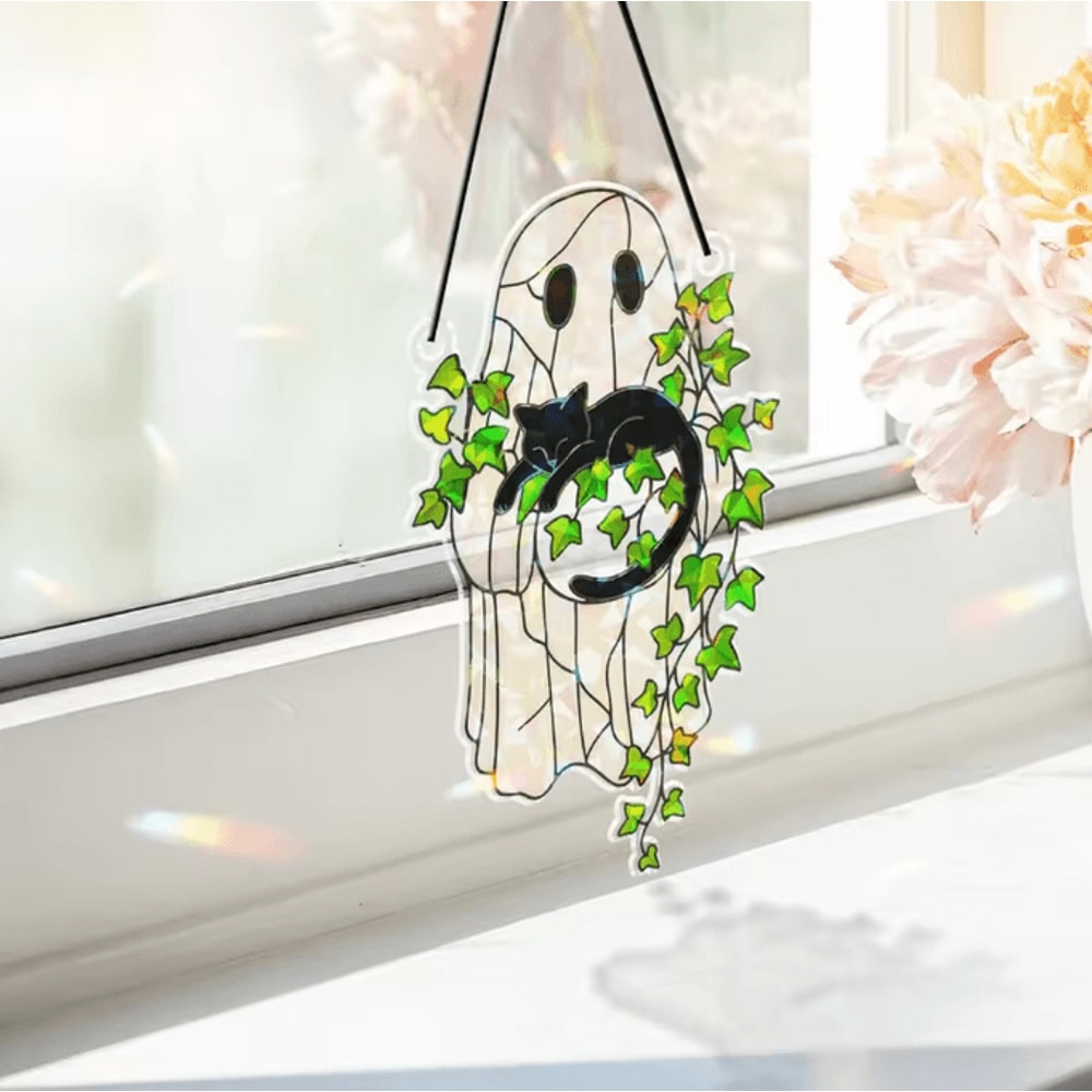 Cute Halloween Ghost Hanging Decor Window Ornament Acrylic Suncatcher With Black Cat Green Leaf Wa 3