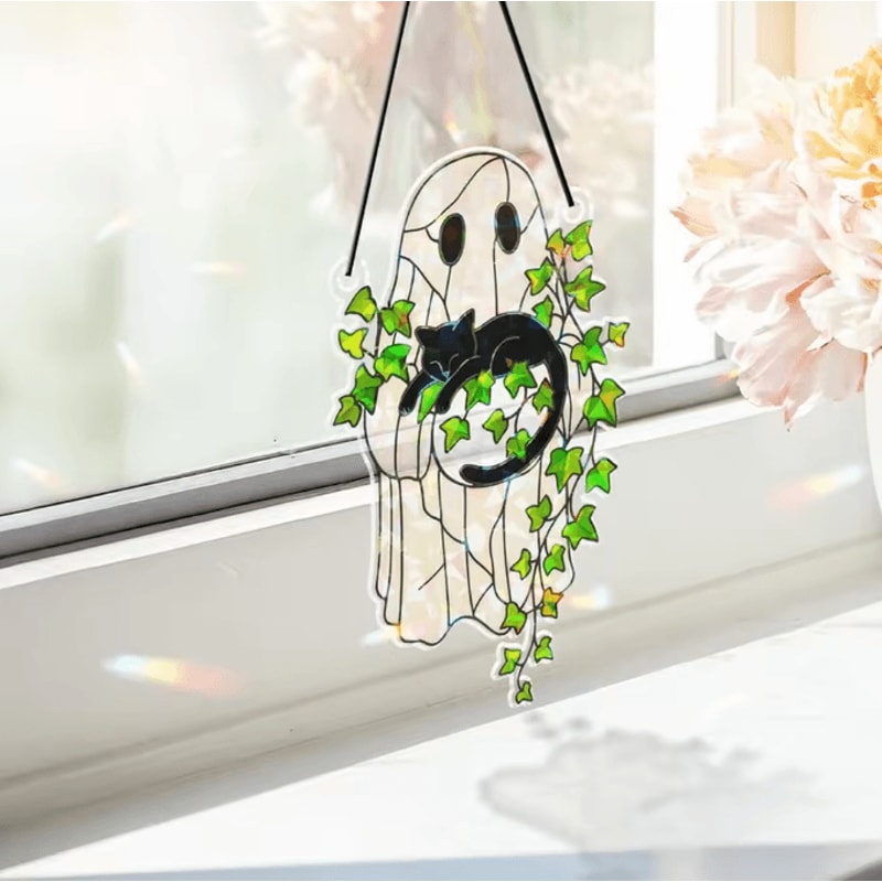 Cute Halloween Ghost Hanging Decor Window Ornament Acrylic Suncatcher With Black Cat Green Leaf Wa 3