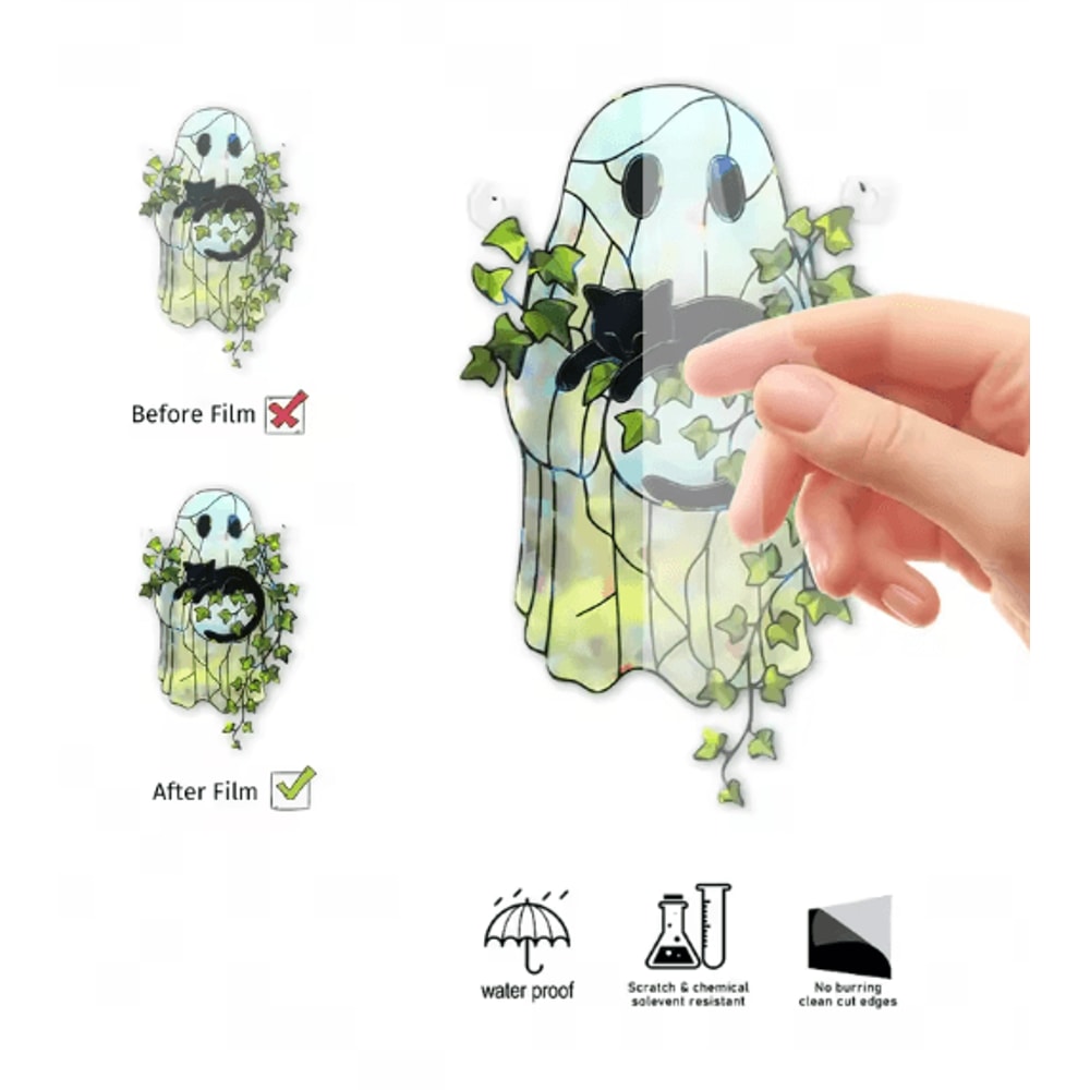 Cute Halloween Ghost Hanging Decor Window Ornament Acrylic Suncatcher With Black Cat Green Leaf Wa 4