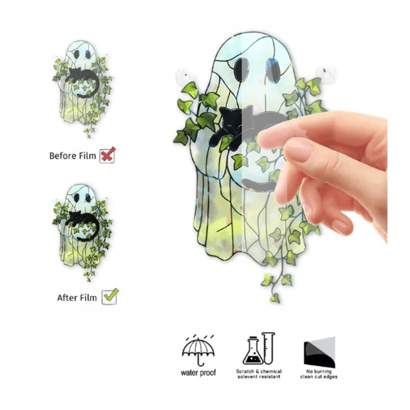 Cute Halloween Ghost Hanging Decor Window Ornament Acrylic Suncatcher With Black Cat Green Leaf Wa 4