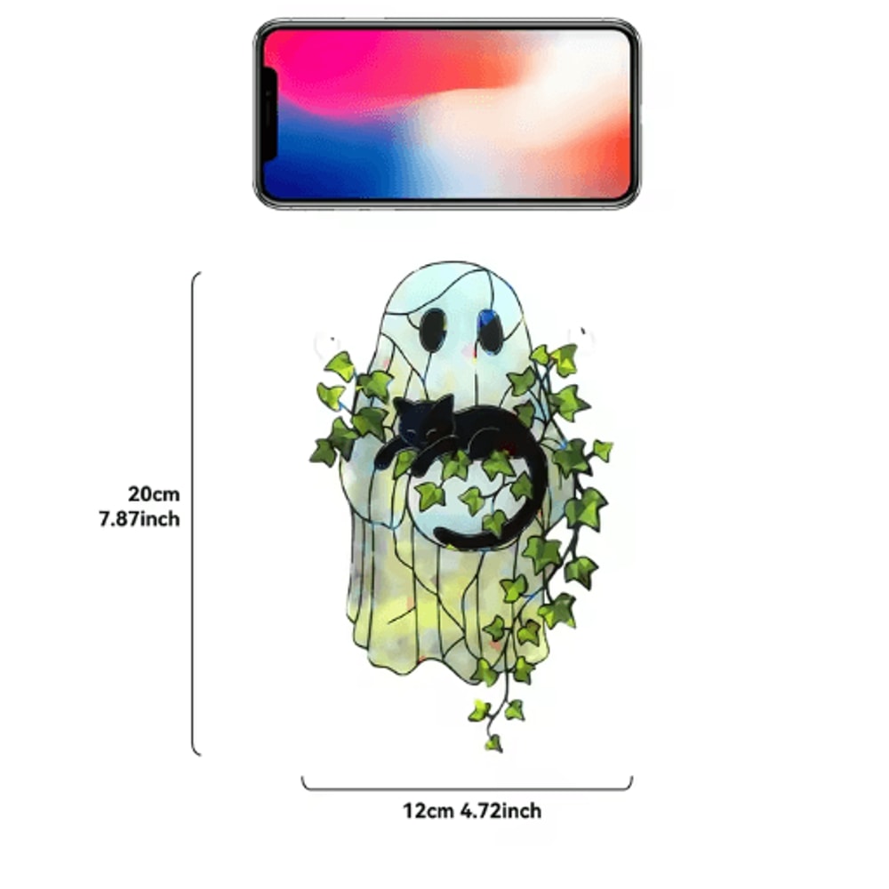 Cute Halloween Ghost Hanging Decor Window Ornament Acrylic Suncatcher With Black Cat Green Leaf Wa 5