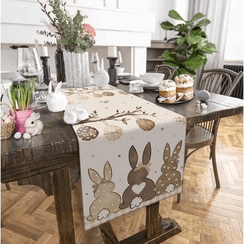 Easter Bunny Eggs Linen Table Runner Rustic Spring Farmhouse Table Decor 1