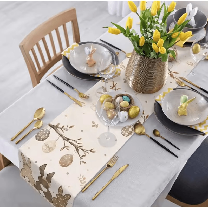 Easter Bunny Eggs Linen Table Runner Rustic Spring Farmhouse Table Decor 2