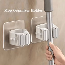 4pcs self-adhesive mop & broom holder wall mount – no-drill organizer for kitchen & bathroom