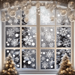 white snowflake christmas window stickers – reusable holiday wall & glass decoration set