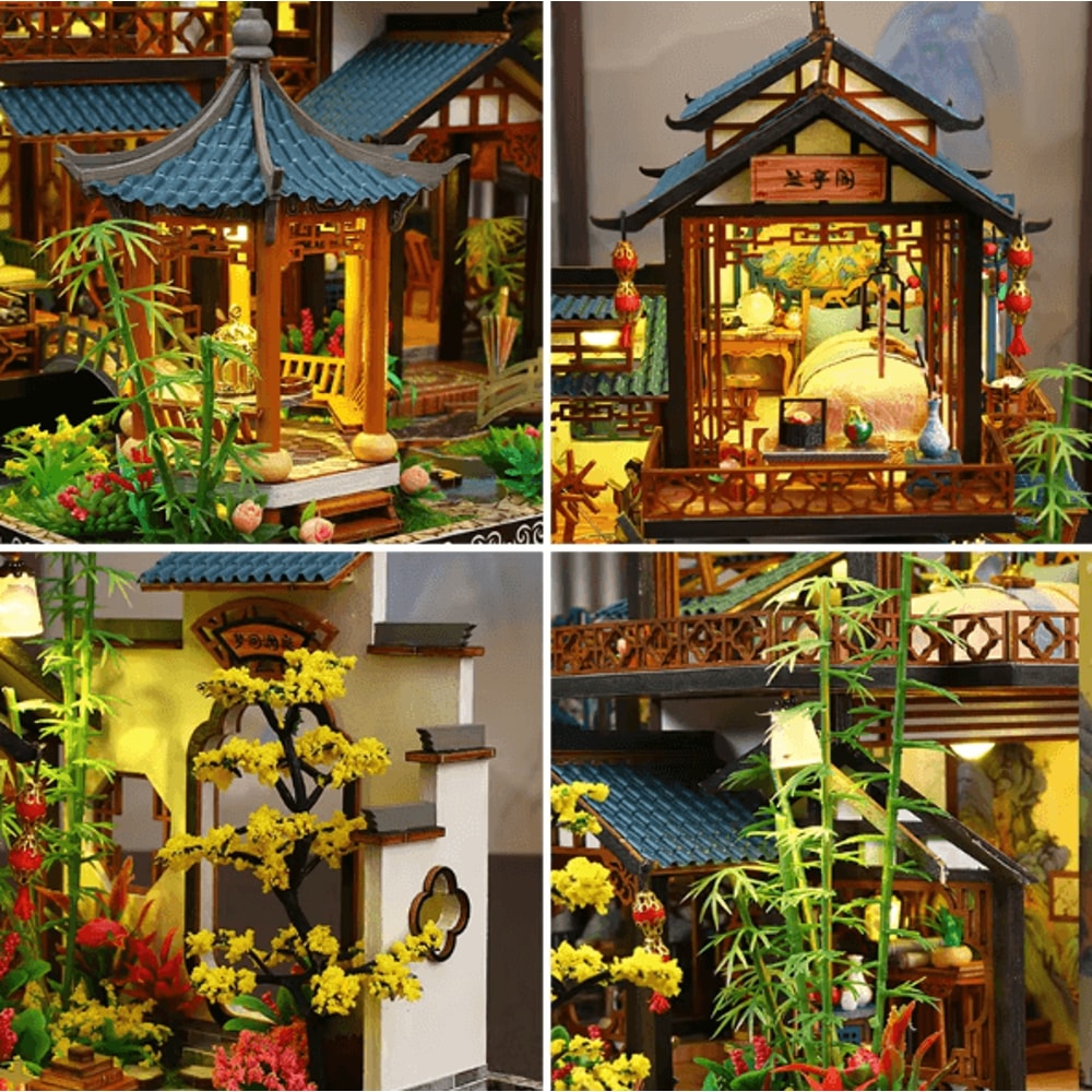 DIY Elegant Orchid Pavilion Book Nook Kit 3D Chinese Style Miniature Shelf Decor 5