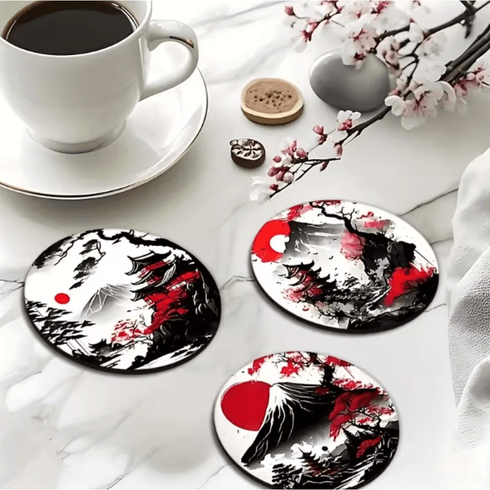 6Piece Wooden Japanese Landscape Coaster Set NonSlip Heatproof Drink Coasters For Home Office 0
