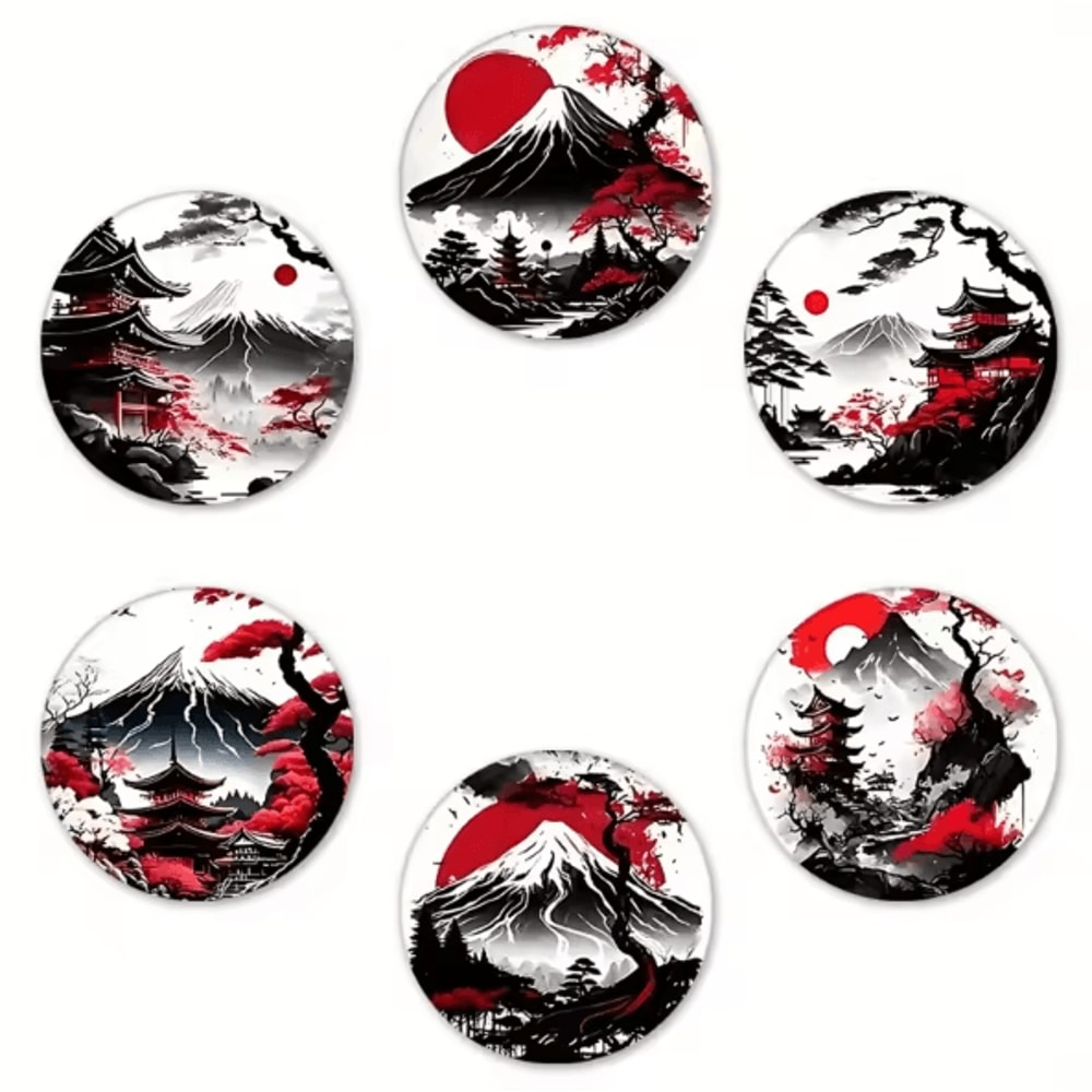 6Piece Wooden Japanese Landscape Coaster Set NonSlip Heatproof Drink Coasters For Home Office 3