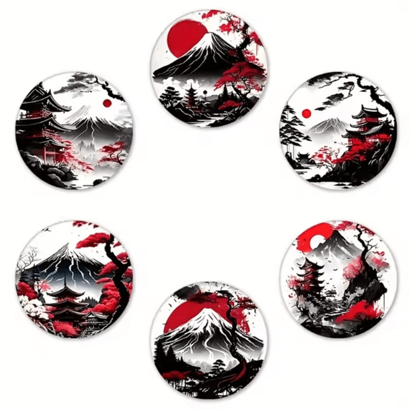 6Piece Wooden Japanese Landscape Coaster Set NonSlip Heatproof Drink Coasters For Home Office 3