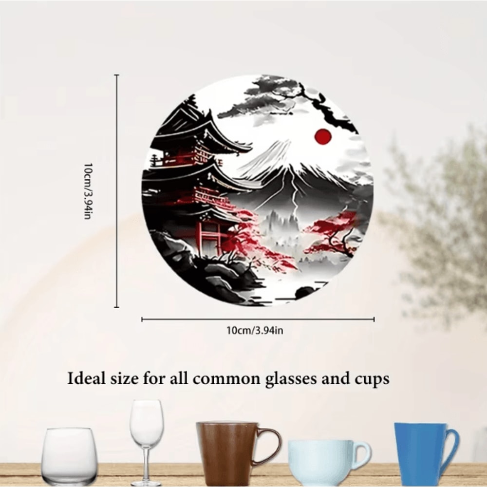 6Piece Wooden Japanese Landscape Coaster Set NonSlip Heatproof Drink Coasters For Home Office 4