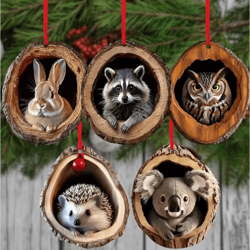 Acrylic Woodland Animal Tree Trunk Ornaments Cute Bunny Owl Hedgehog Christmas Hanging Decor 1