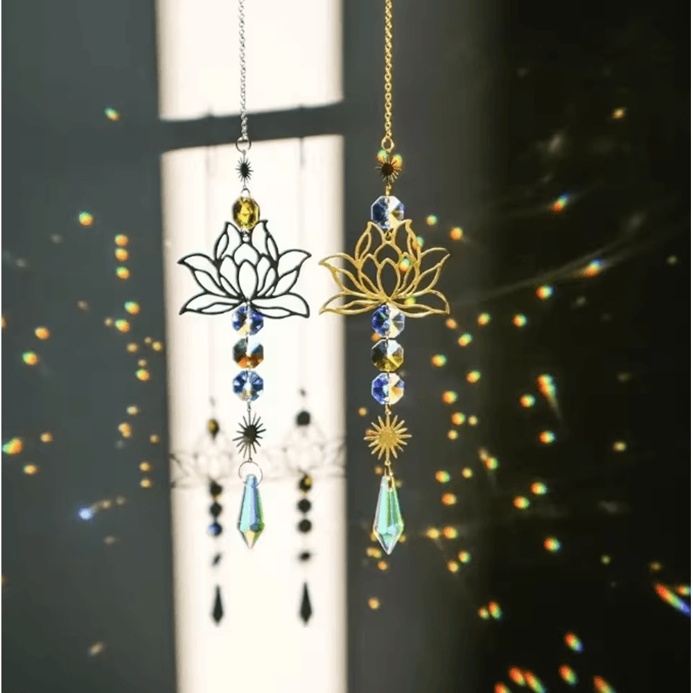 Metal Lotus Crystal Suncatcher Wind Chime Handmade Hanging Charm For Home Garden Decor 0