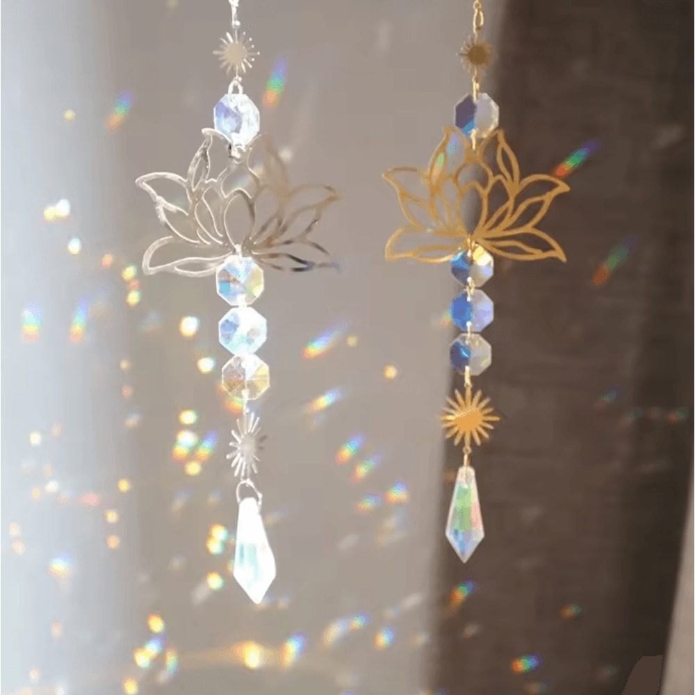 Metal Lotus Crystal Suncatcher Wind Chime Handmade Hanging Charm For Home Garden Decor 1