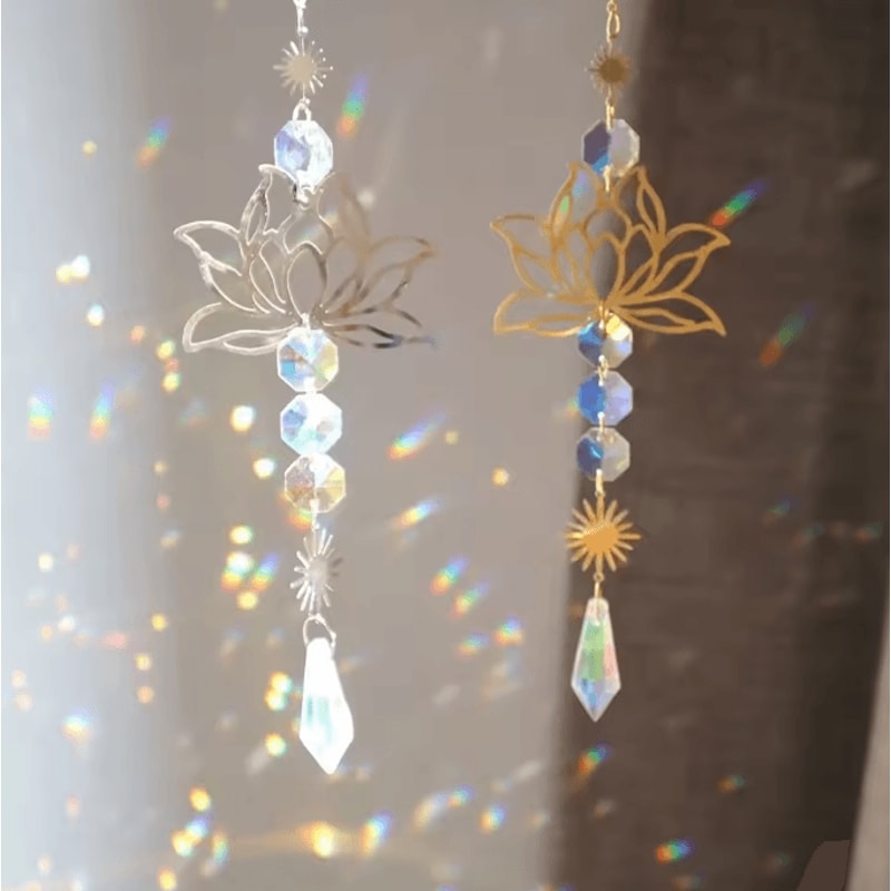 Metal Lotus Crystal Suncatcher Wind Chime Handmade Hanging Charm For Home Garden Decor 1