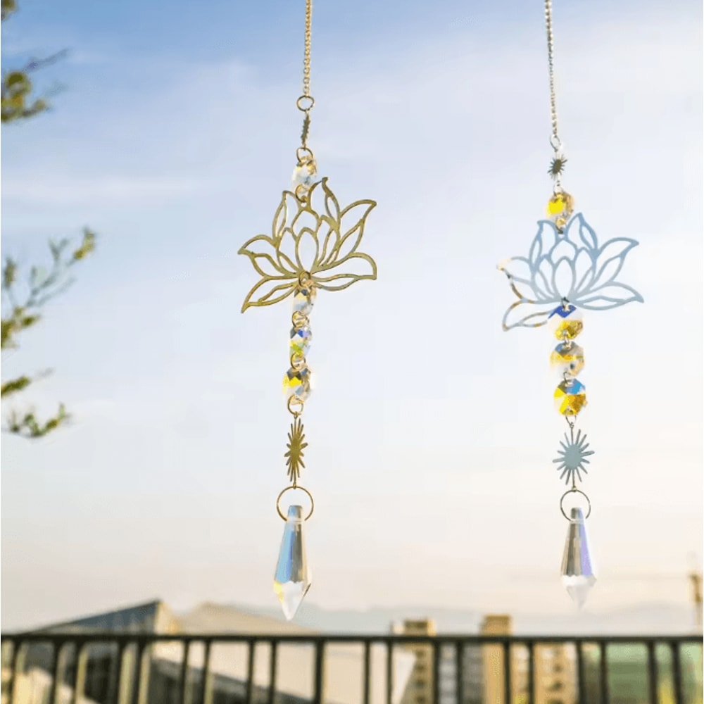 Metal Lotus Crystal Suncatcher Wind Chime Handmade Hanging Charm For Home Garden Decor 2
