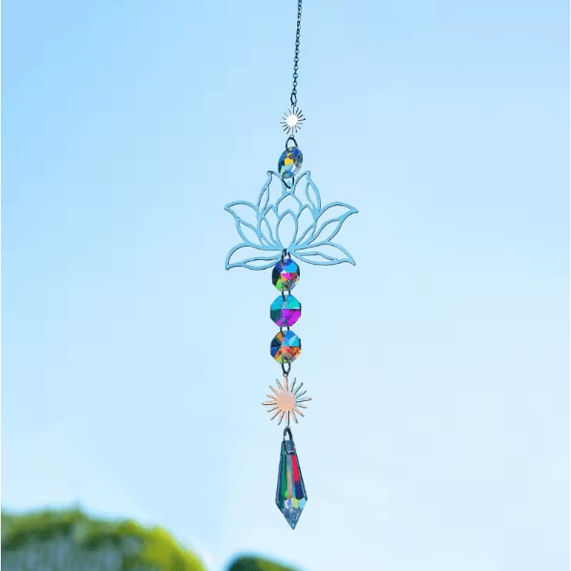 Metal Lotus Crystal Suncatcher Wind Chime Handmade Hanging Charm For Home Garden Decor 6