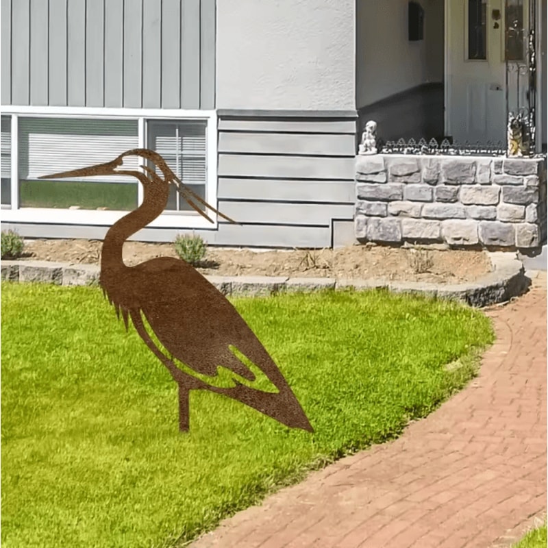 Rusted Metal Crane Garden Statue Contemporary Heron Sculpture For Outdoor Yard Lawn Decor 2
