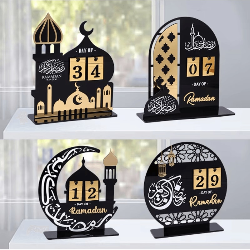 Black Gold Acrylic Ramadan Countdown Calendar Eid Mubarak Table Decor With Replaceable Numbers 0