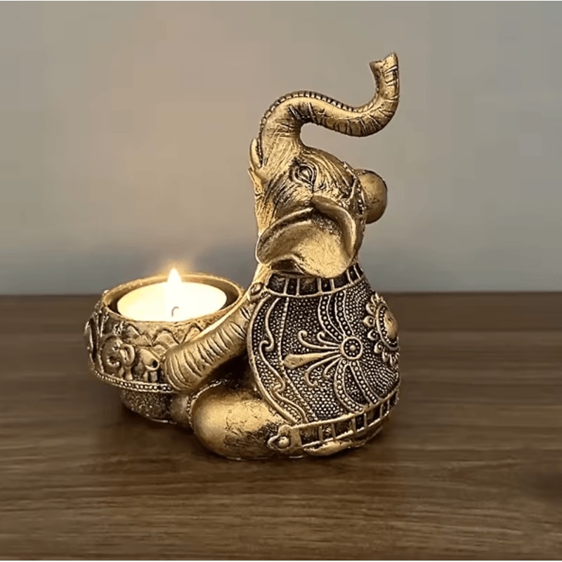 Lucky Elephant Tealight Candle Holder Animal Sculpture Decor With Raised Trunk For Home Gifting 0