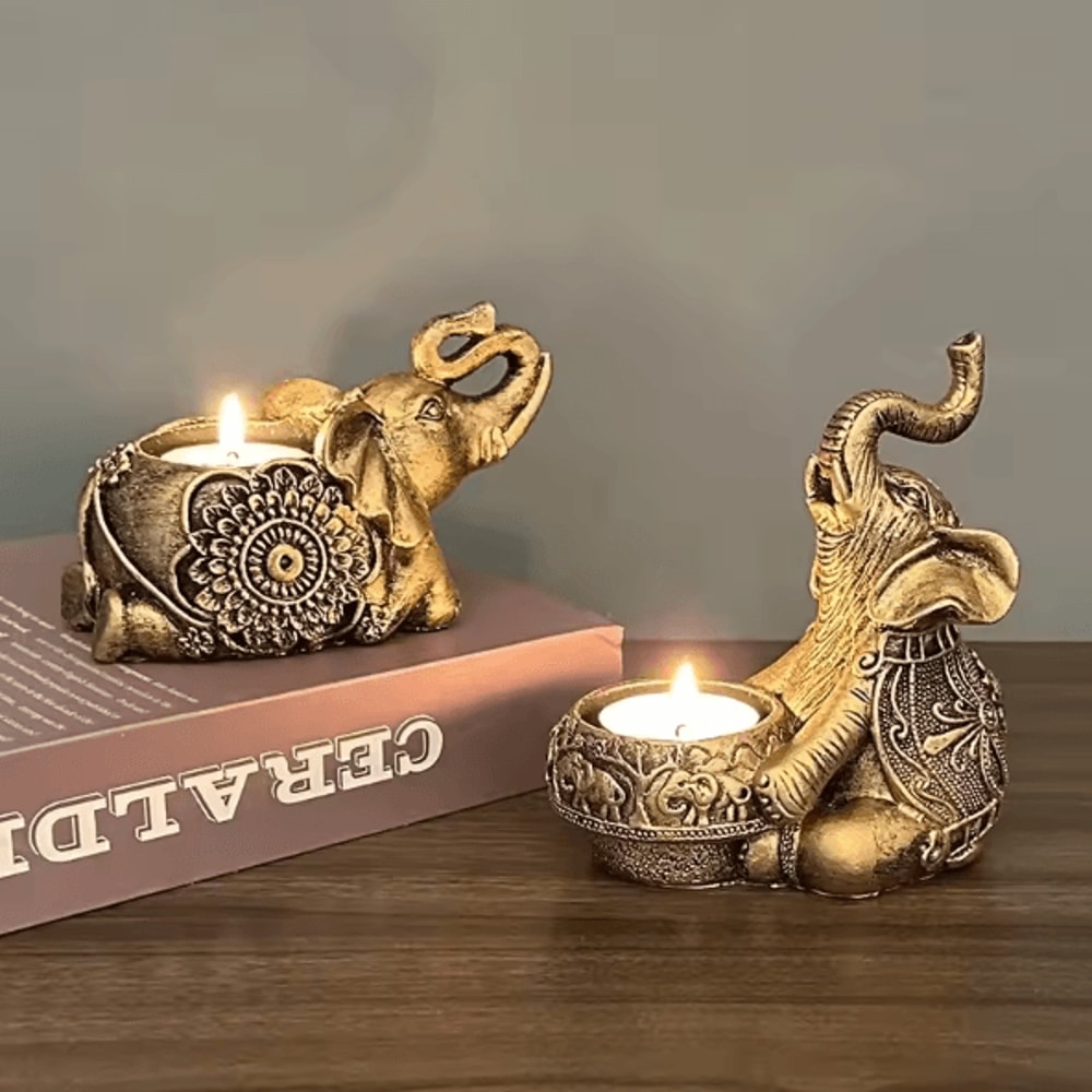 Lucky Elephant Tealight Candle Holder Animal Sculpture Decor With Raised Trunk For Home Gifting 1