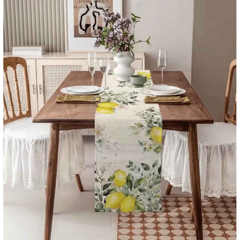 Green Eucalyptus Lemon Linen Table Runner Botanical Dining Seasonal Decor 1