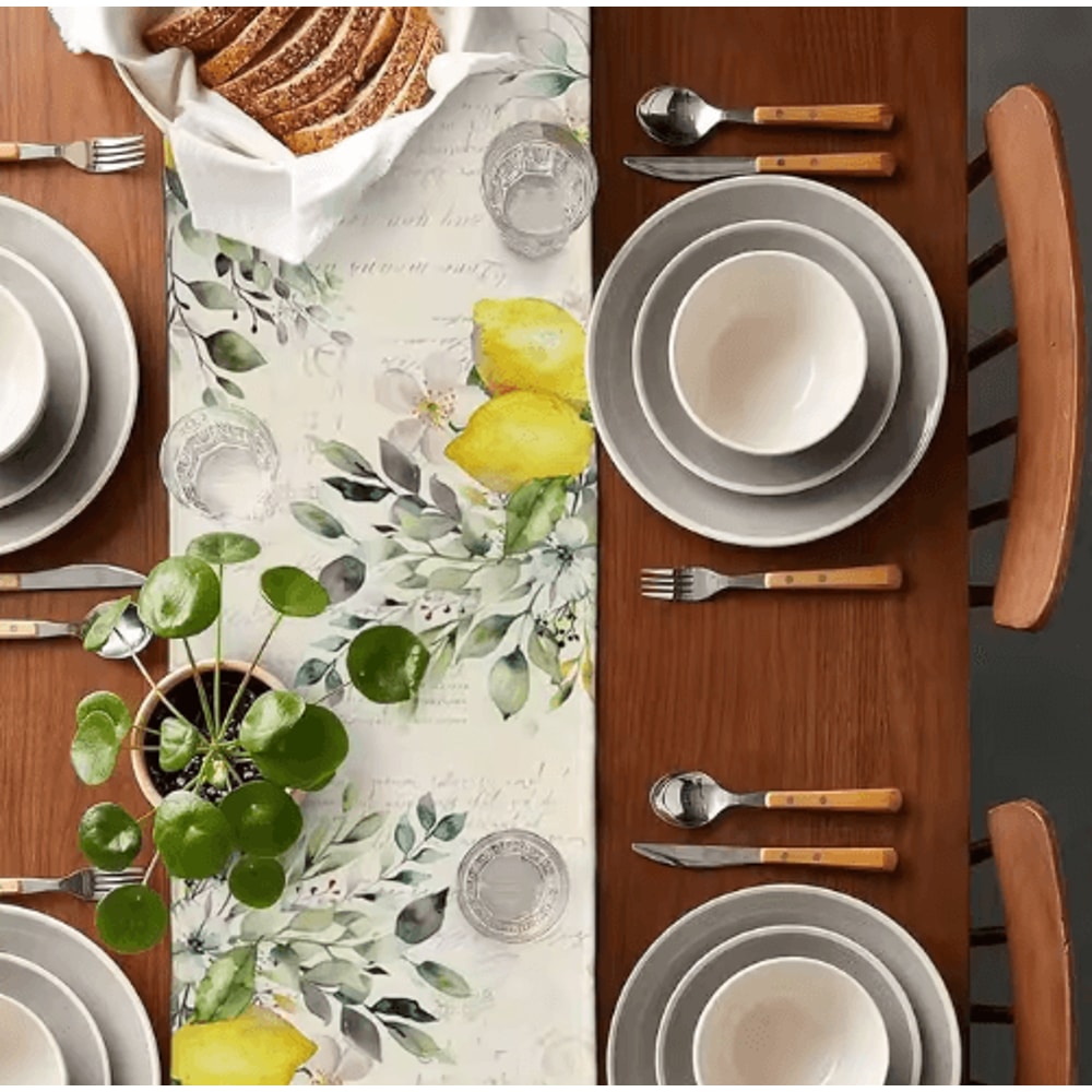 Green Eucalyptus Lemon Linen Table Runner Botanical Dining Seasonal Decor 2