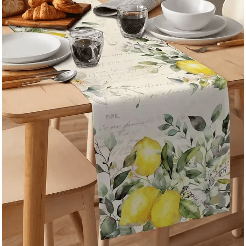 Green Eucalyptus Lemon Linen Table Runner Botanical Dining Seasonal Decor 4