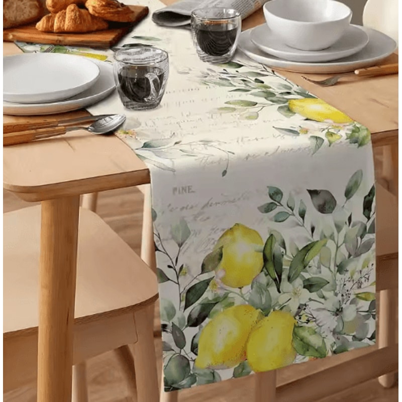 Green Eucalyptus Lemon Linen Table Runner Botanical Dining Seasonal Decor 4
