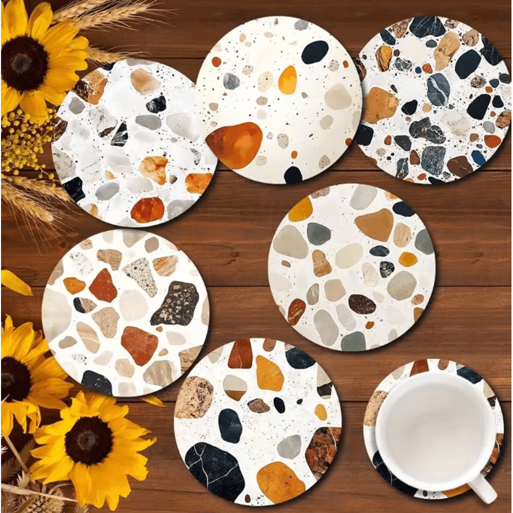 6Piece Wooden Coaster Set Stone Pattern Insulated Drink Mats 1