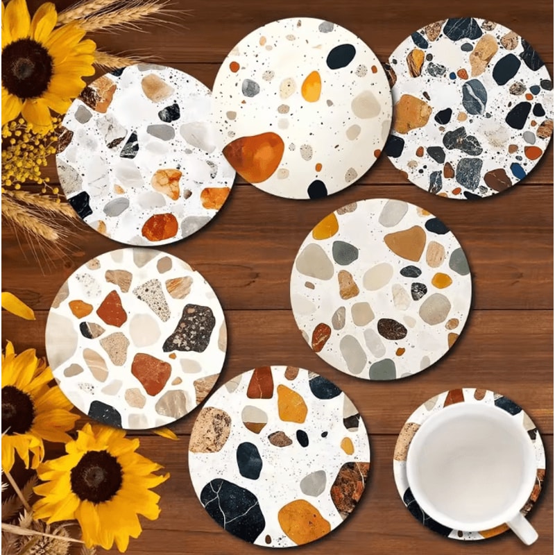 6Piece Wooden Coaster Set Stone Pattern Insulated Drink Mats 1