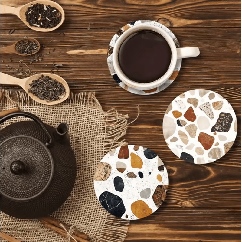 6Piece Wooden Coaster Set Stone Pattern Insulated Drink Mats 2