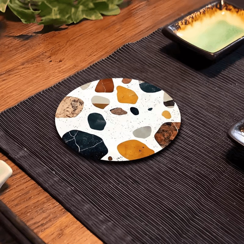 6Piece Wooden Coaster Set Stone Pattern Insulated Drink Mats 3