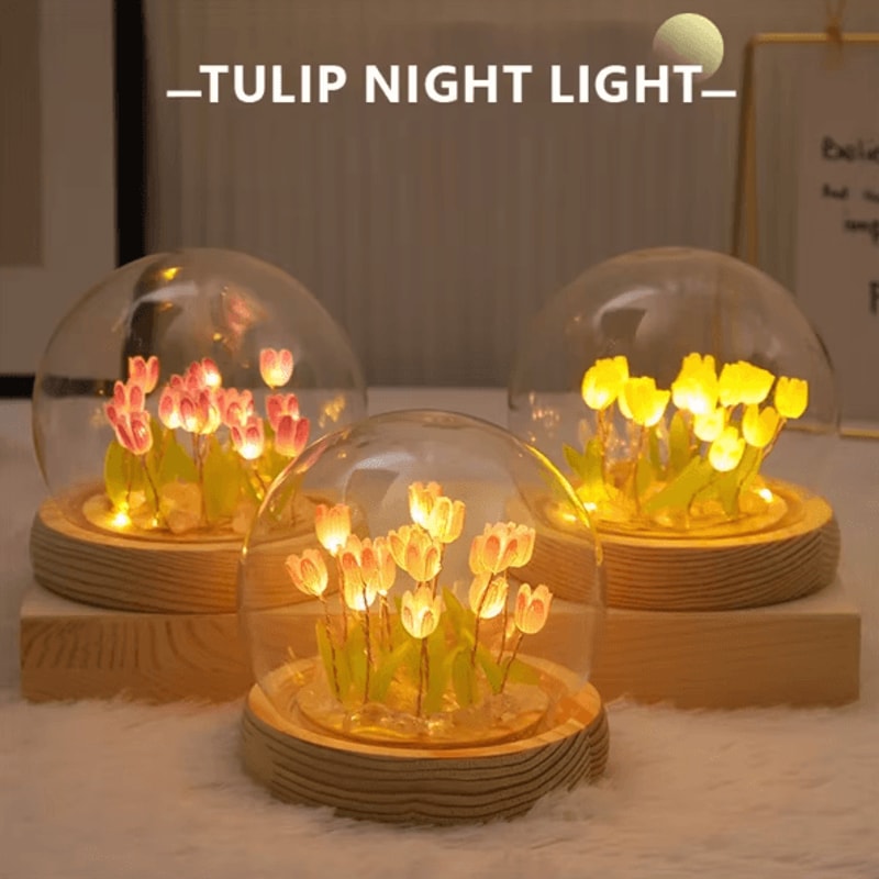 Handmade DIY Tulip Flower Night Light Romantic LED Bedside Table Lamp 0