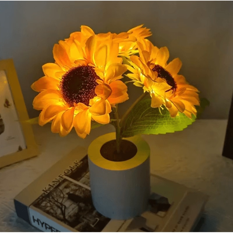 Rechargeable Sunflower LED Night Lamp 3Light Bedside Floral Table Decor 1