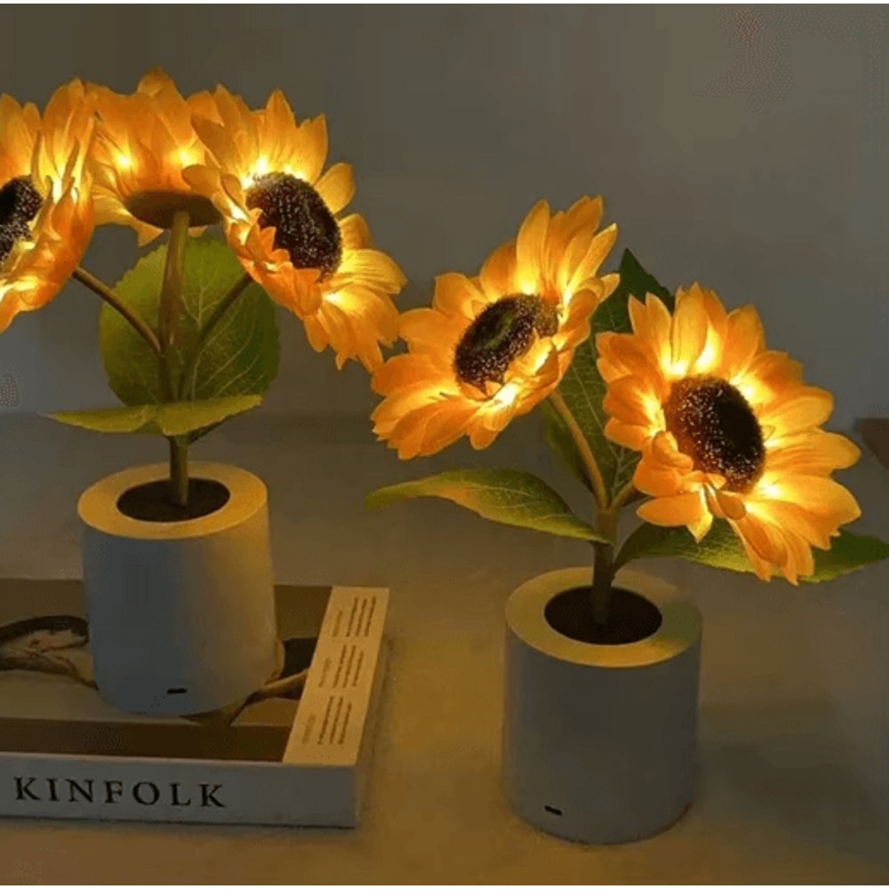 Rechargeable Sunflower LED Night Lamp 3Light Bedside Floral Table Decor 2