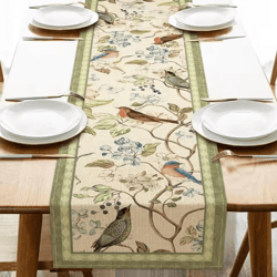 vintage floral bird linen table runner – farmhouse kitchen dining decor