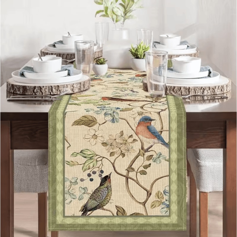 Vintage Floral Bird Linen Table Runner Farmhouse Kitchen Dining Decor 1