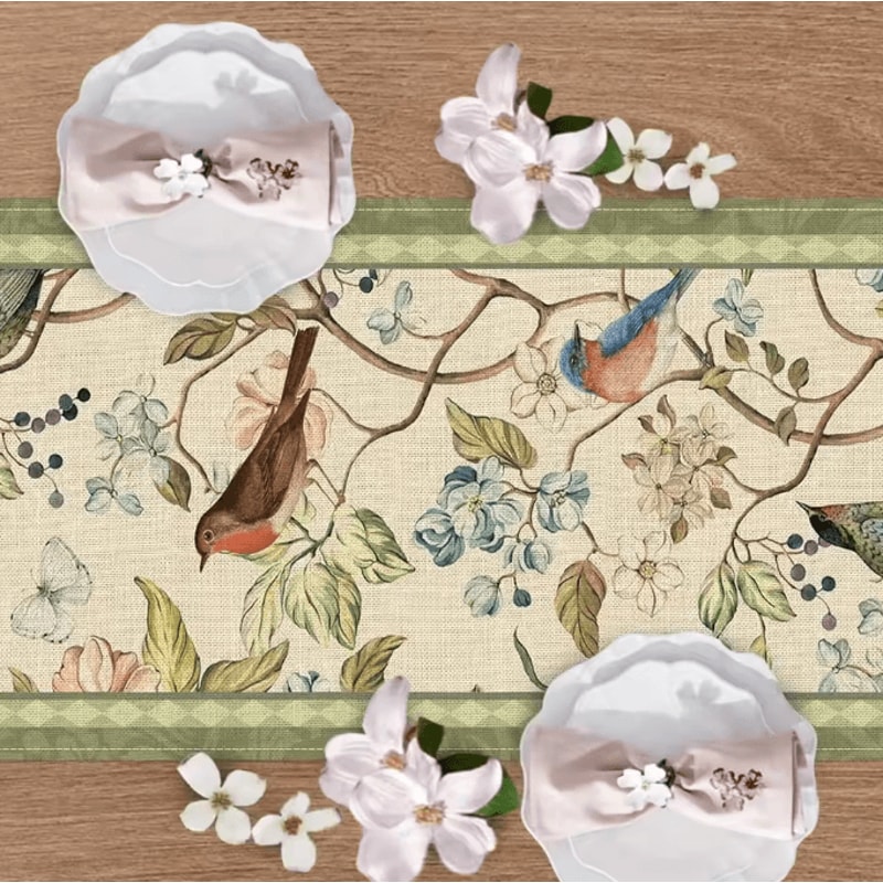Vintage Floral Bird Linen Table Runner Farmhouse Kitchen Dining Decor 2