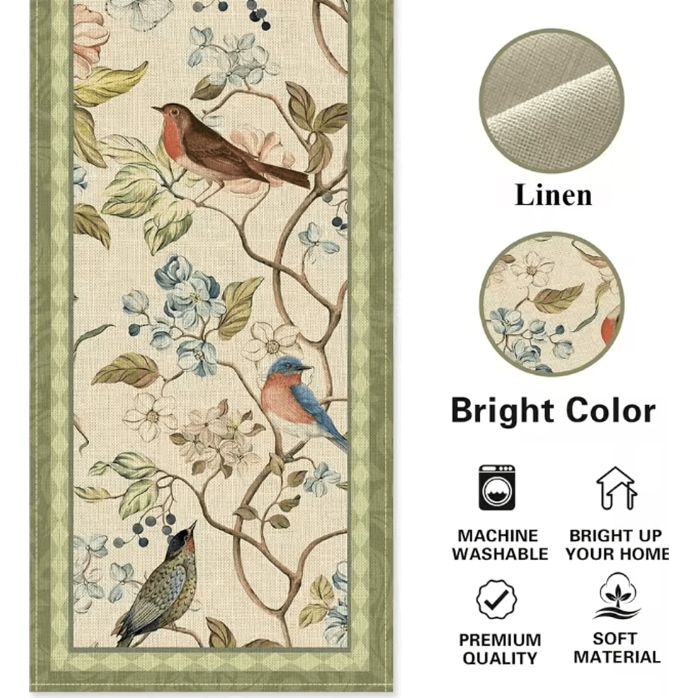 Vintage Floral Bird Linen Table Runner Farmhouse Kitchen Dining Decor 4