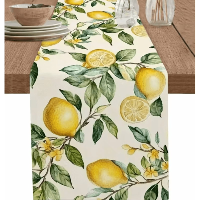 Watercolor Lemon Linen Table Runner Summer Farmhouse Kitchen Decor 0