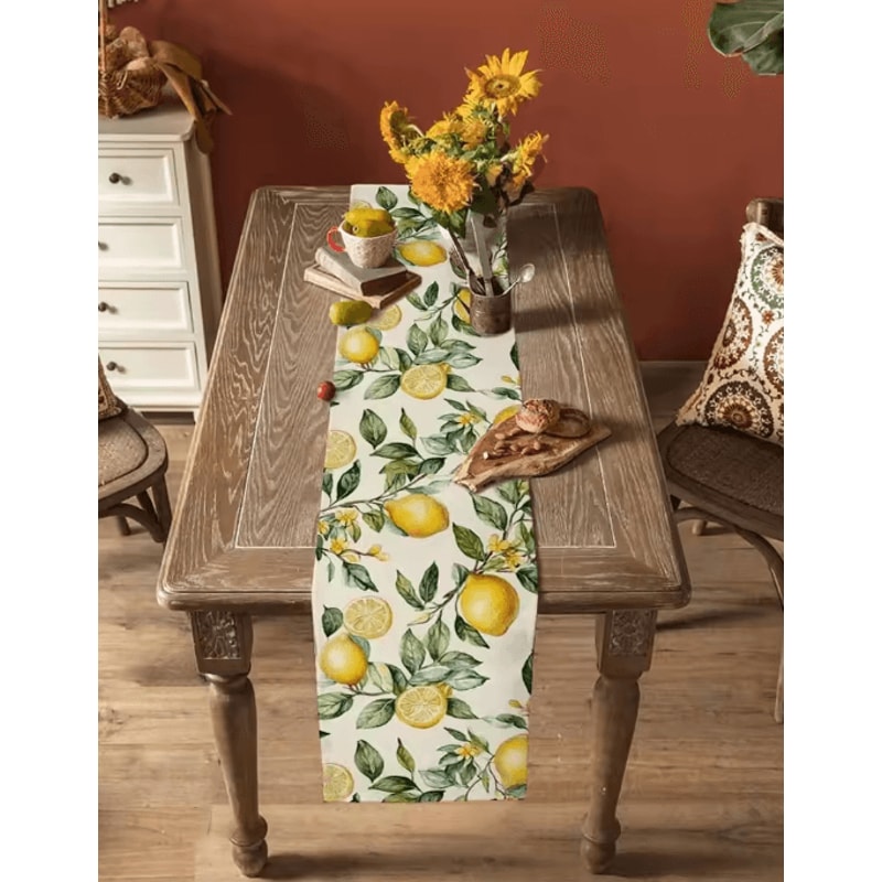 Watercolor Lemon Linen Table Runner Summer Farmhouse Kitchen Decor 1