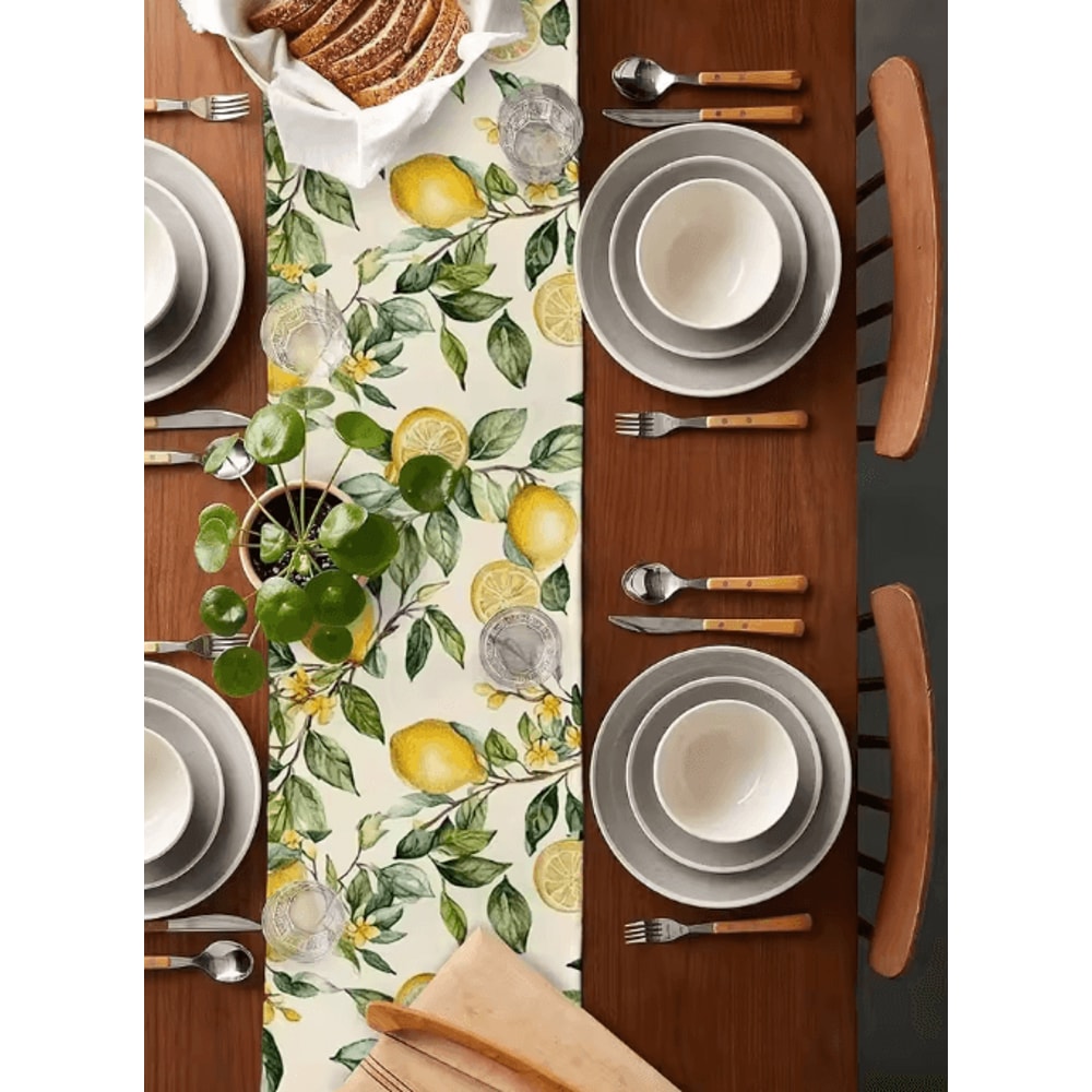 Watercolor Lemon Linen Table Runner Summer Farmhouse Kitchen Decor 2