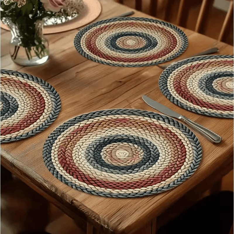 Retro Beige Boho Round Placemats Set 4PCS Woven Table Decor 0