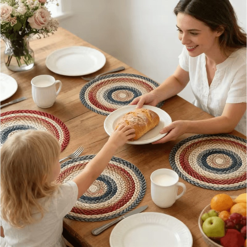 Retro Beige Boho Round Placemats Set 4PCS Woven Table Decor 2