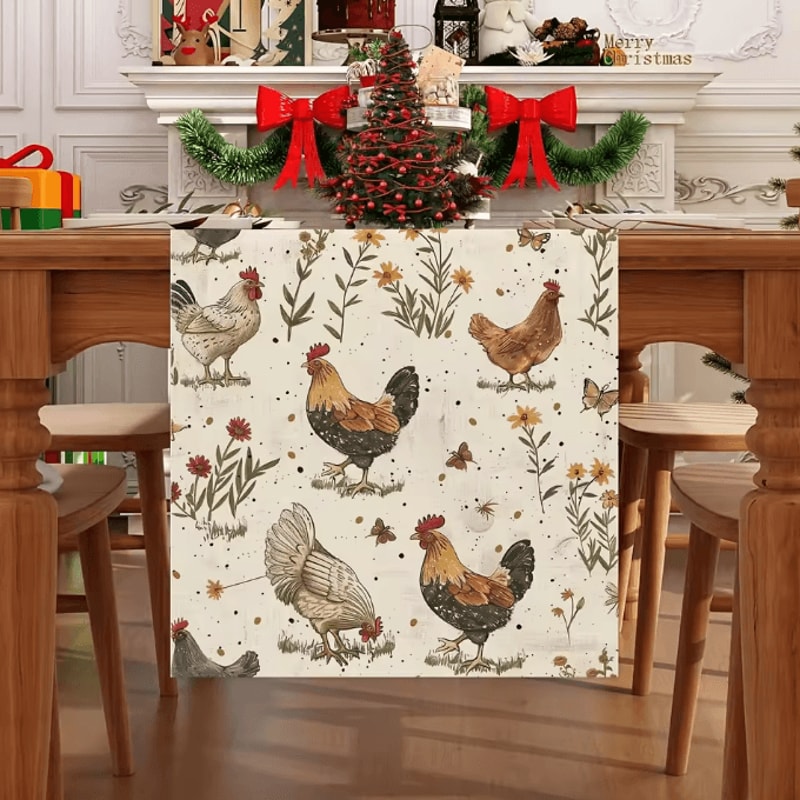 Vintage Rooster Hen Floral Linen Table Runner Farmhouse Kitchen Decor 1