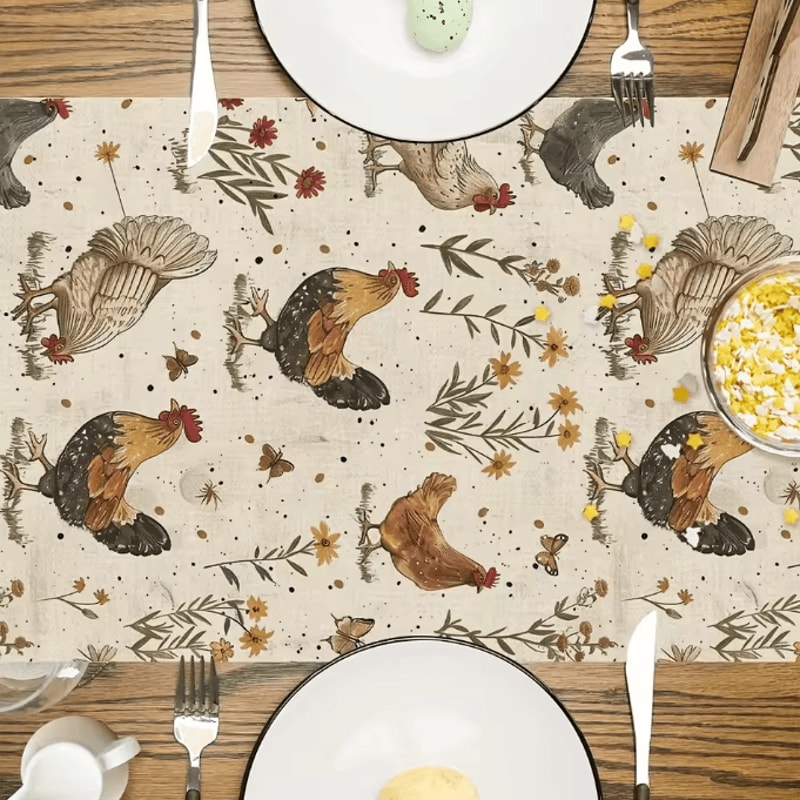 Vintage Rooster Hen Floral Linen Table Runner Farmhouse Kitchen Decor 2