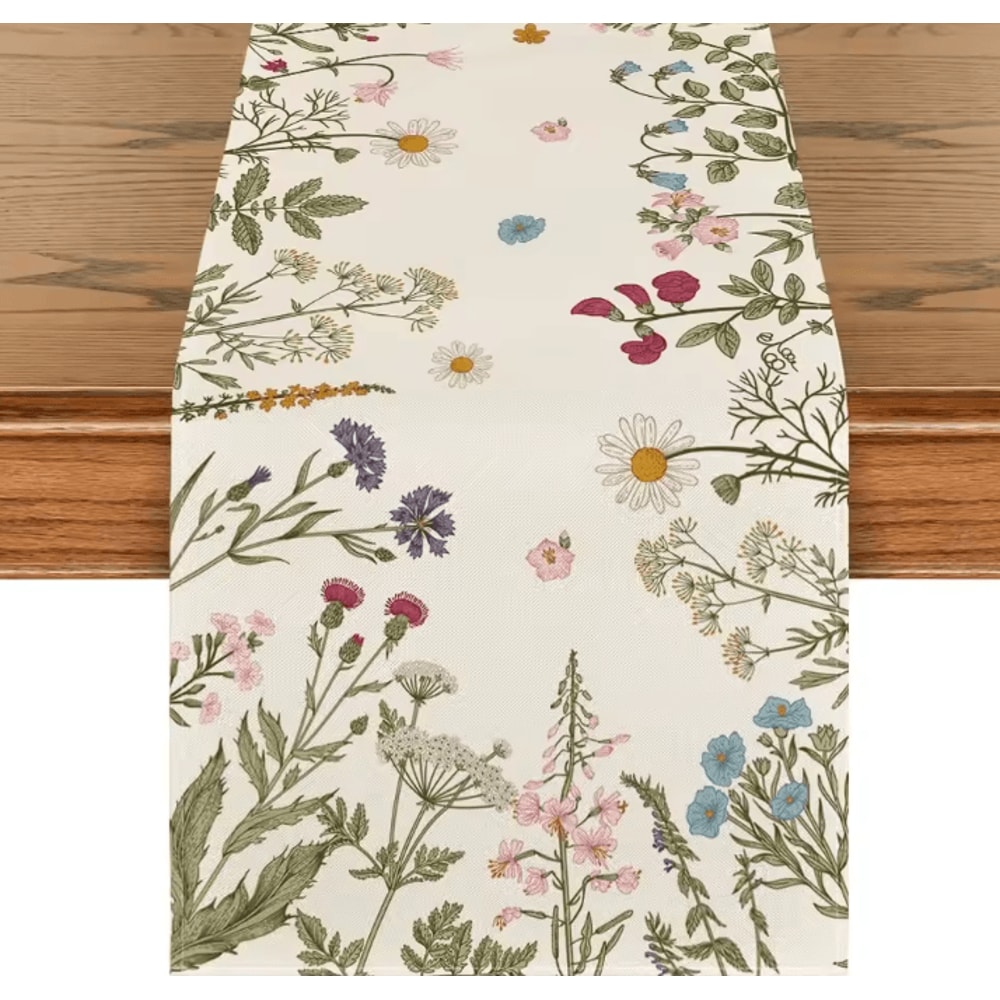 Spring Daisy Floral Linen Table Runner Farmhouse Kitchen Dining Decor 0