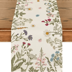 spring daisy floral linen table runner – farmhouse kitchen dining decor
